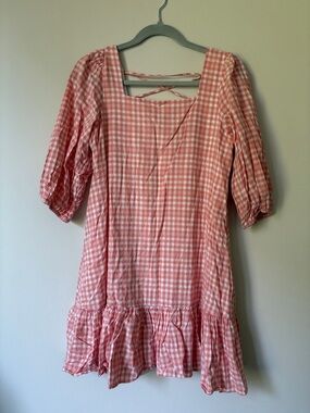 Pink Gingham Square Neck Dress with Puff Sleeves